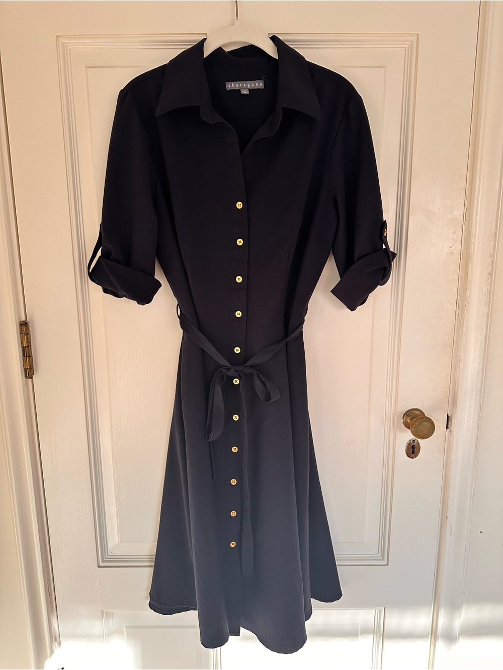 Sharagano Deep Navy Blue Button Front Belted Shirt Dress Size 8 Roll Tab Sleeve
